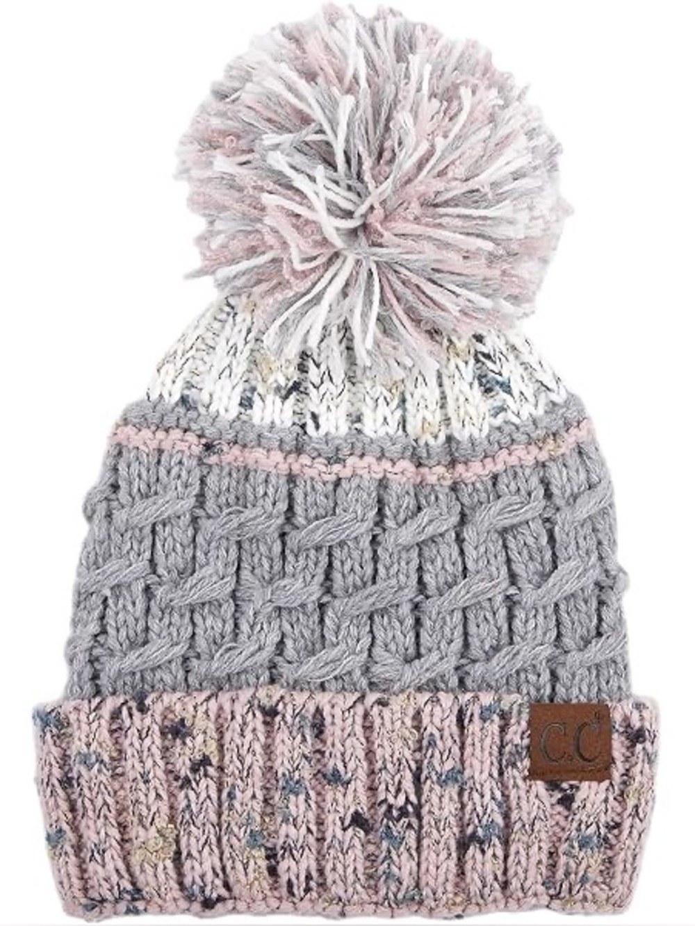 C.C. Exclusives Pink Gray Flecked Cable Knit Flannel Lined Pom Topped Beanie